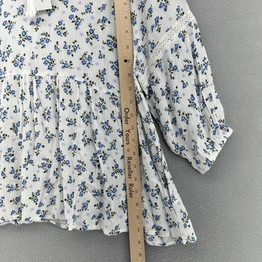 Justice Viscose White Blue Floral Tassel Tie Peplum Babydoll Top Blouse 8/20 2XL